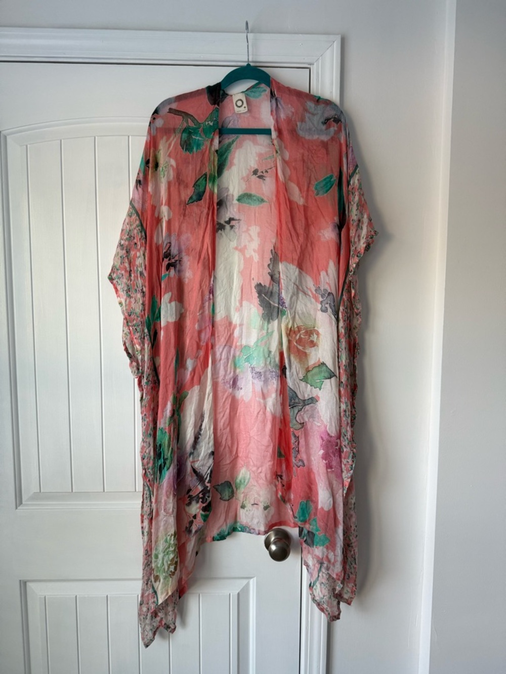 Floral Sheer Kimono Cover-Up in Coral and Green